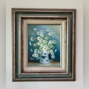Vintage Original Signed Nancy Lee Painting Still Life Daisies In A Vase